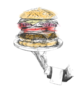 Ilustración de una hamburguesa grande con tomate y lechuga sobre una bandeja sostenida por una mano.